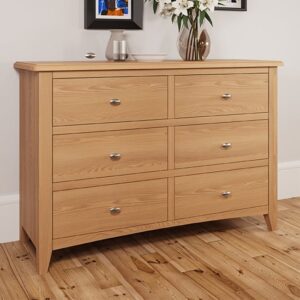 Gilford Wide Wooden Chest Of 6 Drawers In Light Oak