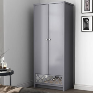 Asmara Wooden Wardrobe 2 Door 1 Mirrored Drawer In Cool Grey