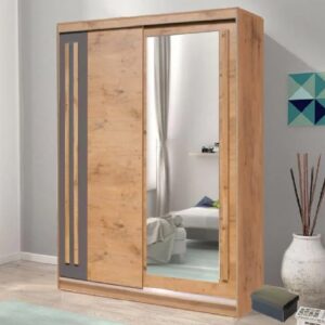 Elmira Wooden Wardrobe 150cm With 2 Sliding Doors In Lancelot Oak
