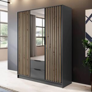Newberry Mirrored Wardrobe With 3 Hinged Doors 155cm In Graphite