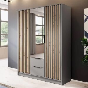 Newberry Mirrored Wardrobe With 3 Hinged Doors 155cm In Grey