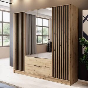 Newberry Mirrored Wardrobe With 4 Hinged Doors 206cm In Artisan Oak