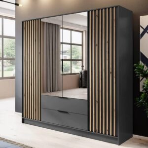 Newberry Mirrored Wardrobe With 4 Hinged Doors 206cm In Graphite