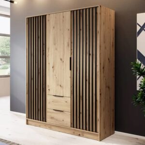 Newberry Wooden Wardrobe With 3 Hinged Doors 155cm In Artisan Oak