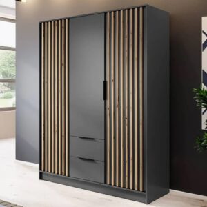 Newberry Wooden Wardrobe With 3 Hinged Doors 155cm In Graphite