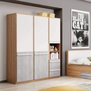 Peoria Wooden Wardrobe With 3 Doors In Matt White And Concrete