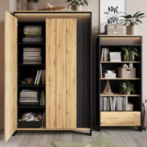 Sarnia Wooden Wardrobe With 3 Doors In Artisan Oak And Matt Black